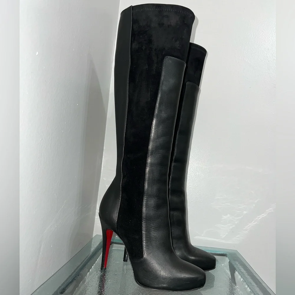 Christian Louboutin black leather and suede knee high boots - Picture 6 of 15